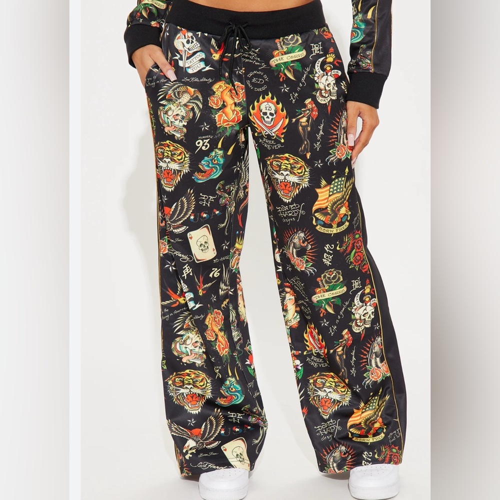 Ed Hardy Flashboard‎ womens  Trackpants all-over tattoo print wide leg XL NWT